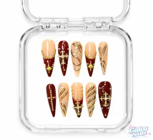 GakuNails CRIMSON CROSS 10 PCS Stilettos Handmade Press On Nails Builder Gel Enhanced Cross Charm Gold Accent Majestic Luxurious selectable size Reusable