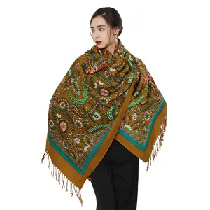 DANA XU 100% Merino Wool oversized Pashmina Blanket Travel Scarf Cashmere Wrap for Women Fall Winter Oversize Shawl Floral Party Ceremonies