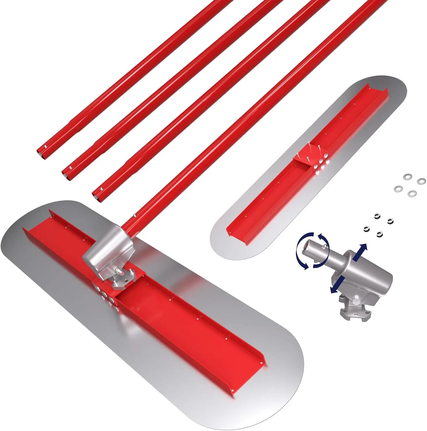48"x12" Stainless Steel Concrete Bull Float Kit (Red) – 12-inch Wide Working Surface, Round End, Adjustable Bracket, 4x59.6" Handles, 4-Bolt Mounting Block, Reinforced U-Channel Backbone, 16-Rivet Construction, Construction Leveling & Finishing Tool, Cons