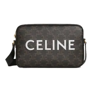 Celine Triomphe Logo Print Leather Trimmed Shoulder Crossbody Bag in Black for Men and Women