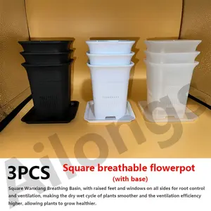 3 Pack Square Aeration Pots 3.5x4.3 Inch Breathable Root Control Planter with Side Windows & Raised Feet for Succulents Cacti Indoor Plants Black White Clear