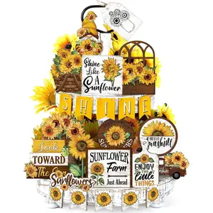 26 Pcs Sunflower Tiered Tray Decor Set Summer Rustic Gnome Wooden Decorations Farmhouse Sunflower Table Centerpiece Sign Vintage Tiered Tray Ornament for Kitchen Home Party Shelf Supplies
