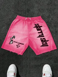 Hot pink starry sky patterned shorts, Casual streetwear shorts, featuring a distressed hem and bold typography design. The phrase 'Loneliness is a lifestyle' adds a vibe. Perfect for #StreetStyle #Y2KAesthetic. Comfortable