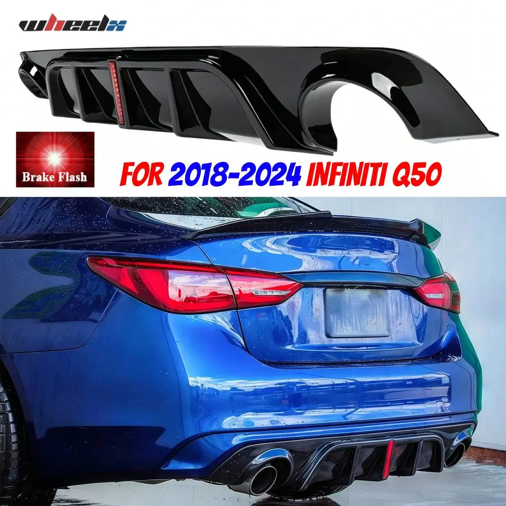100% Brand New ABS Rear Bumper Diffuser with Brake Flash LED Light for 2018-2024 Infiniti Q50, Sport Look Automotive Aerodynamic Cover, Car Replacement Accessory with Adhesive/Screws, Car Accessories