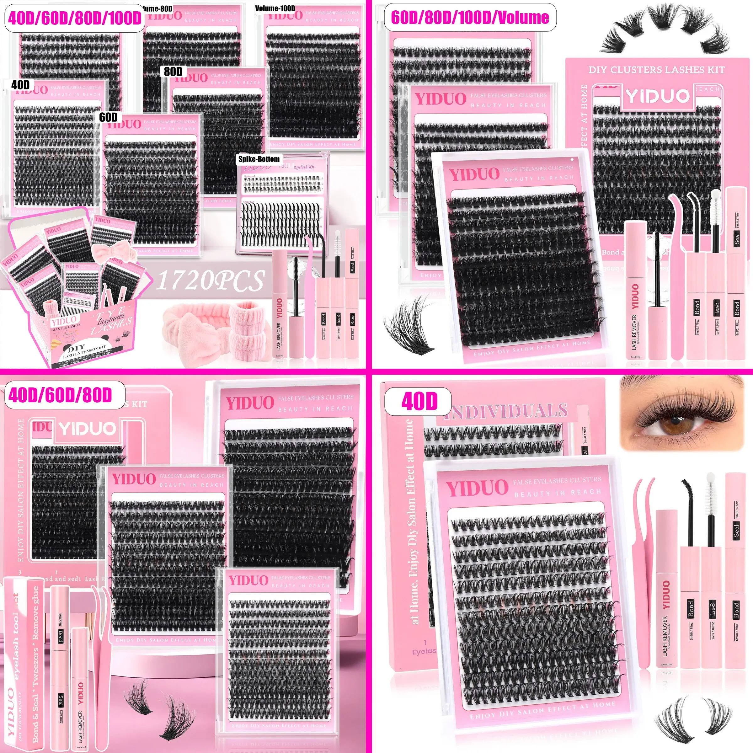 YIDUO Lash Clusters Set Eyelashes Makeup With Bottom Eyelash&Spikes Lashes Eyelash Extensions, False Eyelashes, Diy Personal Lashes 5-20mm 40D&60D with Lash Bond and Seal, Lash Remover, Lash Tweezers DIY at Home