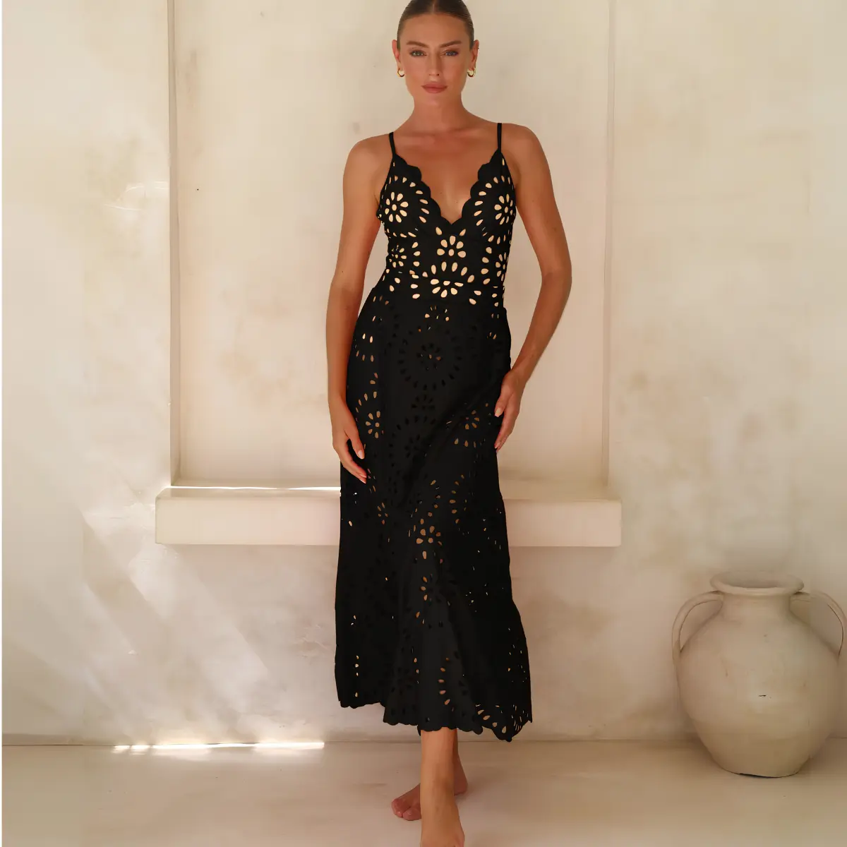 FLAXMAKER Women’s Laser Cut Dotted Black One Piece Swimsuit and Cover Skirt Swimwear Set Chic Beachwear Stylish Bathing Suit #Summervibes tiktokshopbacktoschool