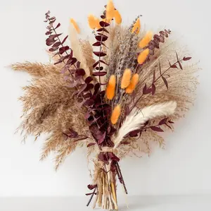 Fall Dried Flower Bouquet with Pampas Grass, Orange Bunny Tails, Lavender & Red Eucalyptus –Boho Fall Decor for Home, Vase, Porch & thanksgiving –Autumn Floral Arrangements for Fall Decorations Indoor