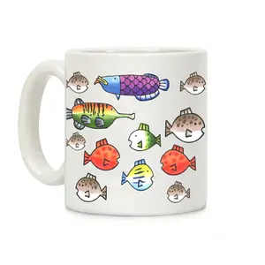 Cute Whimsical Retro Wii Fish Characters Assortment Casua Mug – Whimsical Sea Life Coffee Mug – Funny White Ceramic/Accent Mug 11oz