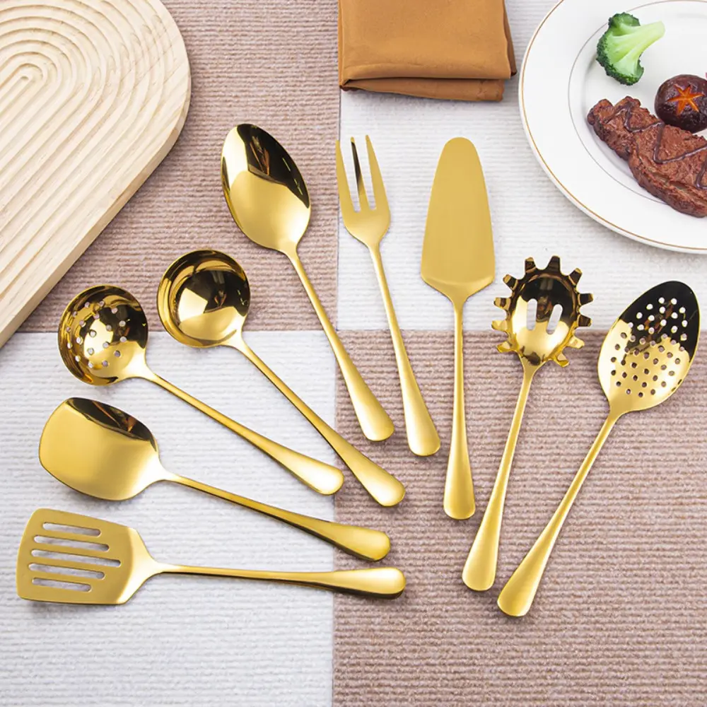 Gold Plated Stainless Steel Kitchen Utensil Set 9-Piece, Stainless Steel Utensils, Premium Soup Ladle, Strainer, Serving Spoon, Slotted Turner, Pasta Fork, Oil Spoon