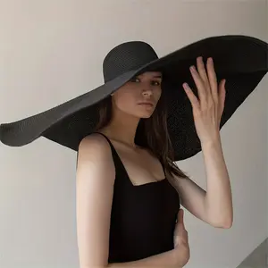 Extra Wide Brim Straw Sun Hat for Women - Foldable, UV Protection, Black Textured Design, Perfect for Beach Vacations, Travel & Photography