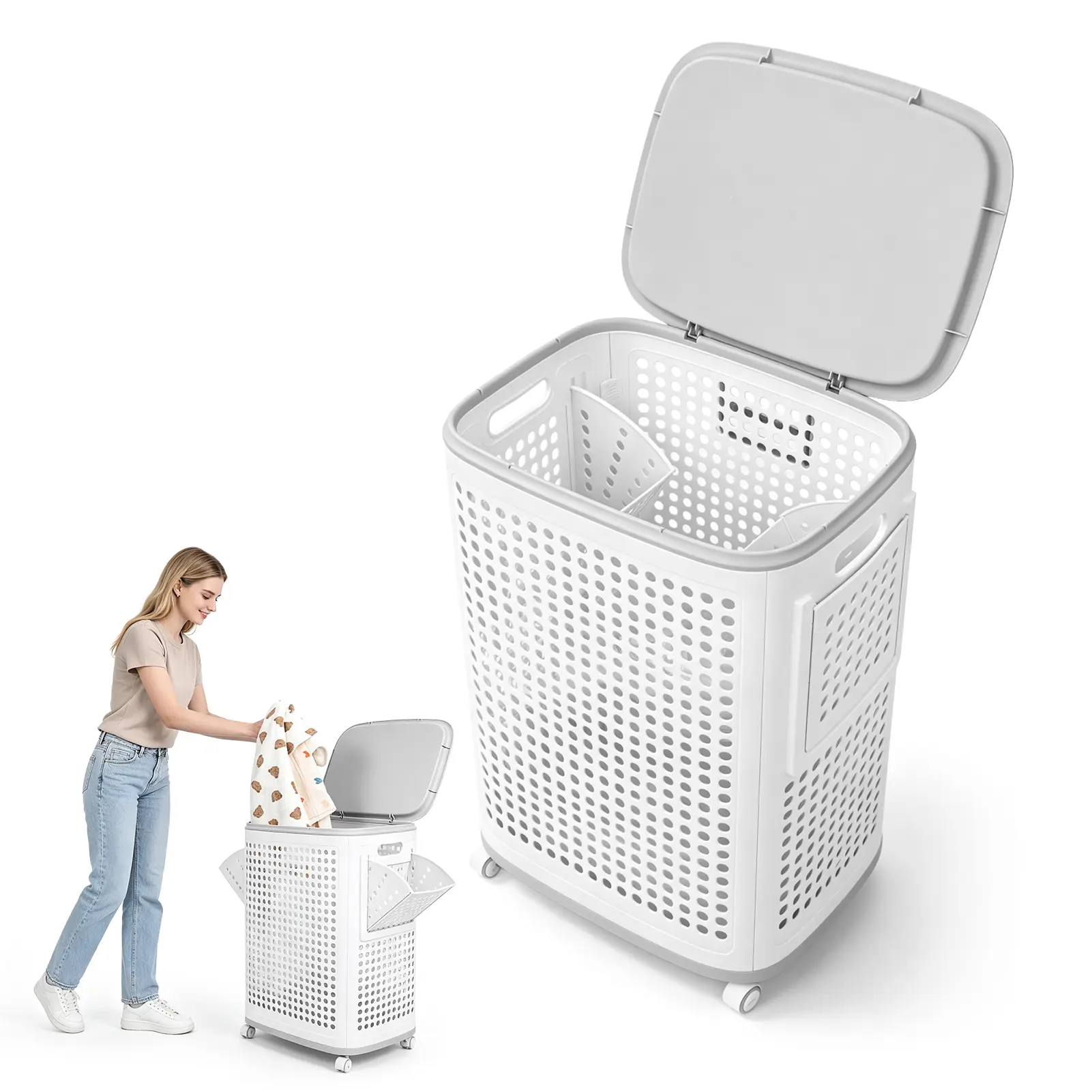 Rolling Laundry Hamper with Lid, Large Plastic Clothes Basket with 2 Side Storage Pockets, Mobile Dirty Clothes Bin for Bathroom