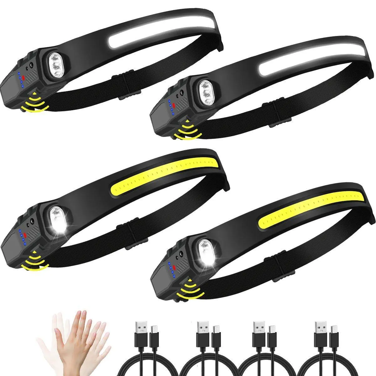 Portable Lighting Headlamp 4-Pack,Rechargeable LED Head lamp with Motion Sensor –Light Weight,Waterproof,Bright,High Lumens Wide Beam Headlight for Fishing, Hiking, and Camping – Portable and Adjustable Headlamp Flashlight