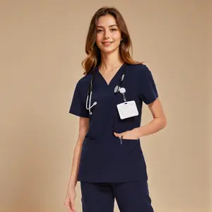 Women Medical Scrub Top - Soft Stretch Curved V-Neck with 3 Pockets