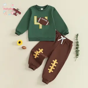 Toddler Boy Football Fall Outfit, Long Sleeve Crewneck Sweatshirt and Elastic Waist Joggers 2 Piece Set, Casual Baby Boy Set