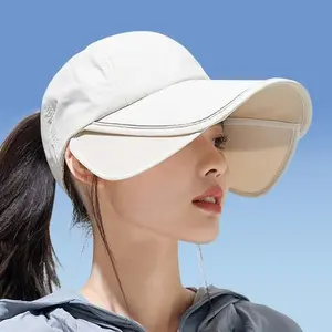 Summer sun hat for women with extra-large, extra-wide brim, outdoor sports, full-face coverage, open-top baseball cap, ponytail-friendly sun hat