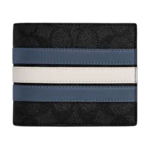 COACH Men's 3-in-1 Wallet with Classic Monogram Stripe Detail in Charcoal Gray and Denim Blue
