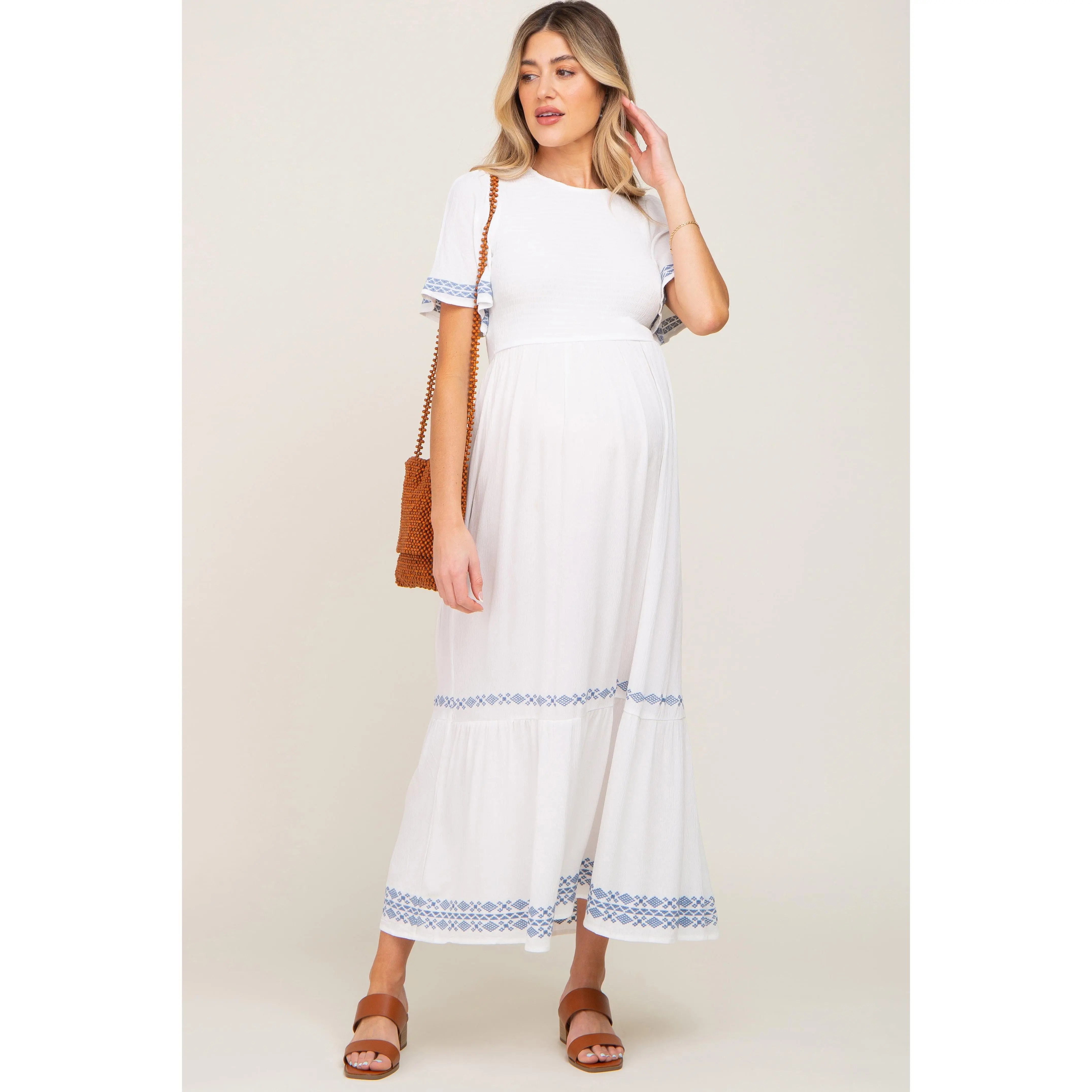 White Embroidered Accent Maternity Maxi Dress