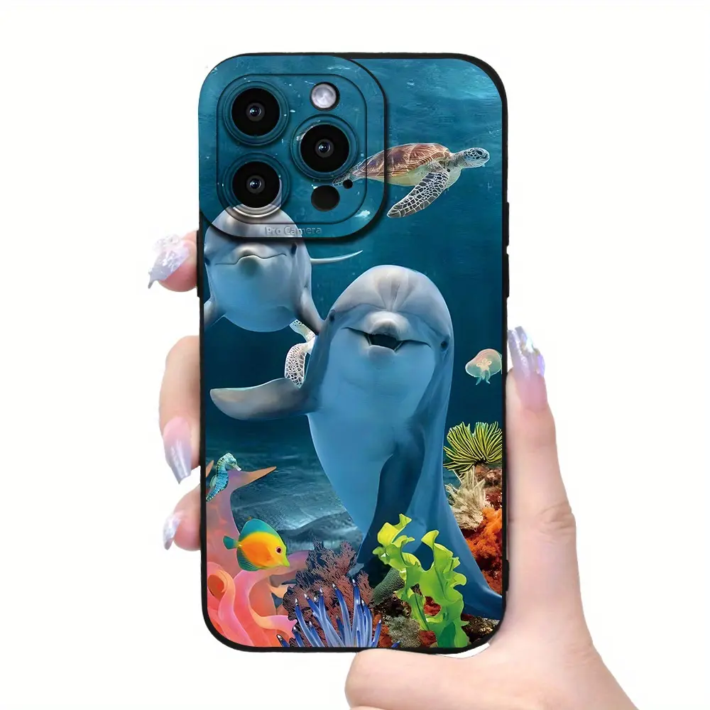 Joyful Dolphin Underwater Animal Trendy Print Phone Case, Black Classic, suitable for iPhone 17/16/15/14/13/12/11 Plus Pro Max series, full protection phone case
