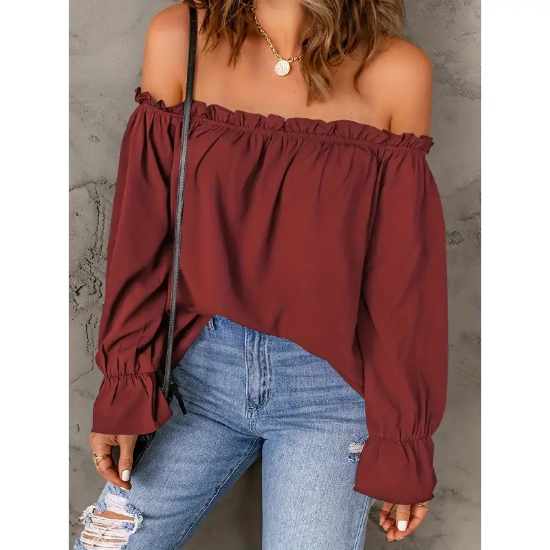 Women's Asymmetrical Off-the-Shoulder Ruffle Blouse - Casual Long-Sleeve Fitted Cut Ready-to-Wear Top for Summer Daily Wear, Plain, Dry Clean, Xl
