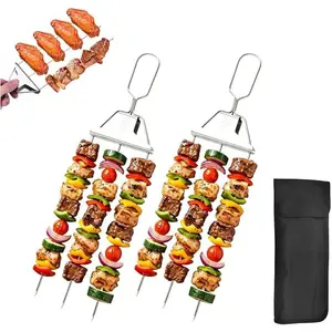 14.7" Stainless Steel 3 Prong BBQ Skewers, Reusable Kabob Skewers with Push-Off Slider, Outdoor Grill Accessories with Storage Bag for Meat Veggies Chicken