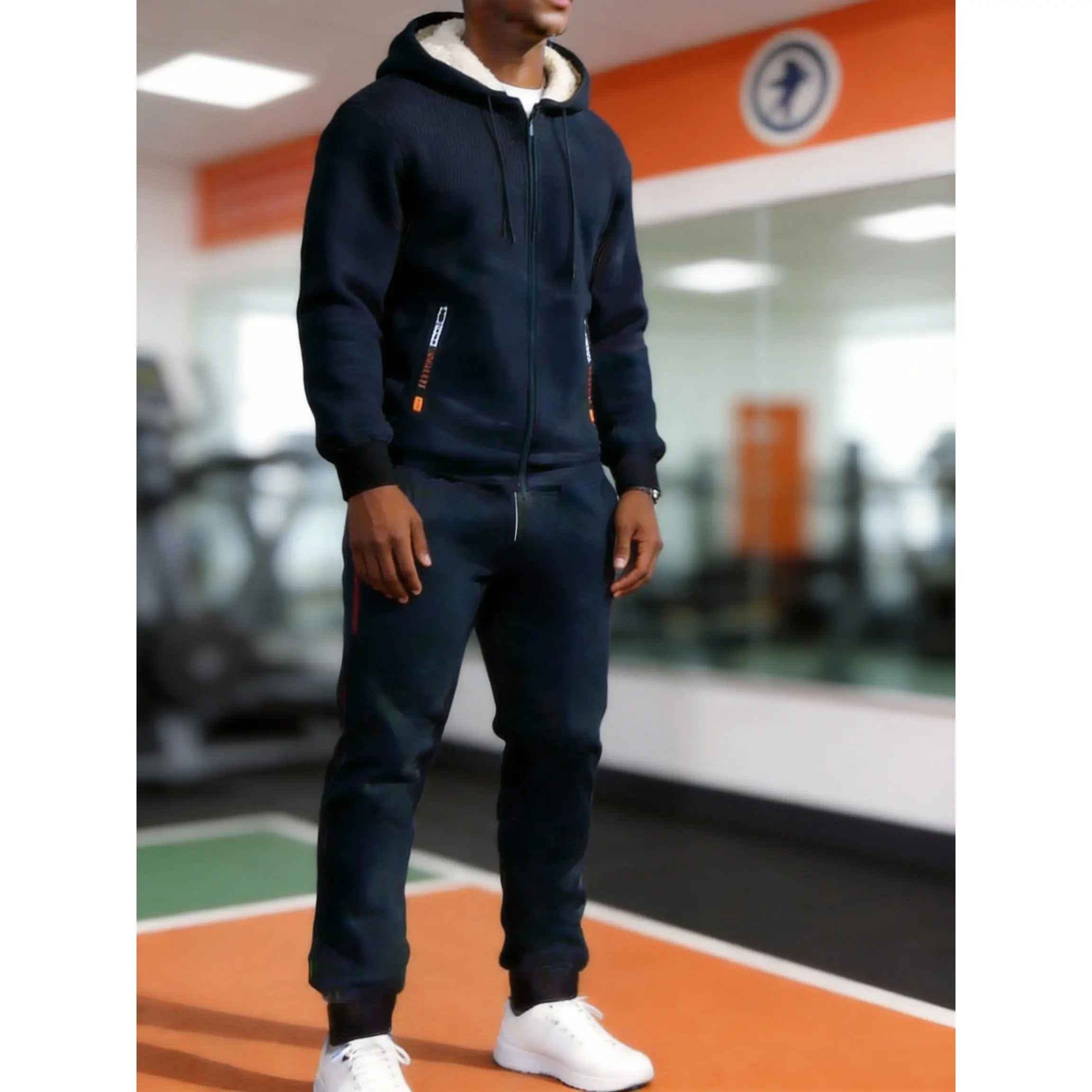 Men's Fleece Lined Tracksuit Set - Black Zipper Hoodie & Jogger