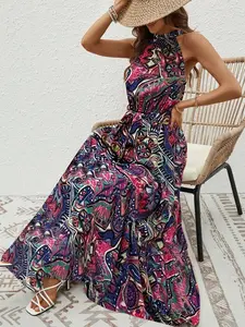 Women's Fashion Loose Round Neck Digital Print Dress, Western Style Bohemian Boho Short Sleeve Long Dress, Trendy and Comfortable Summer Clothing