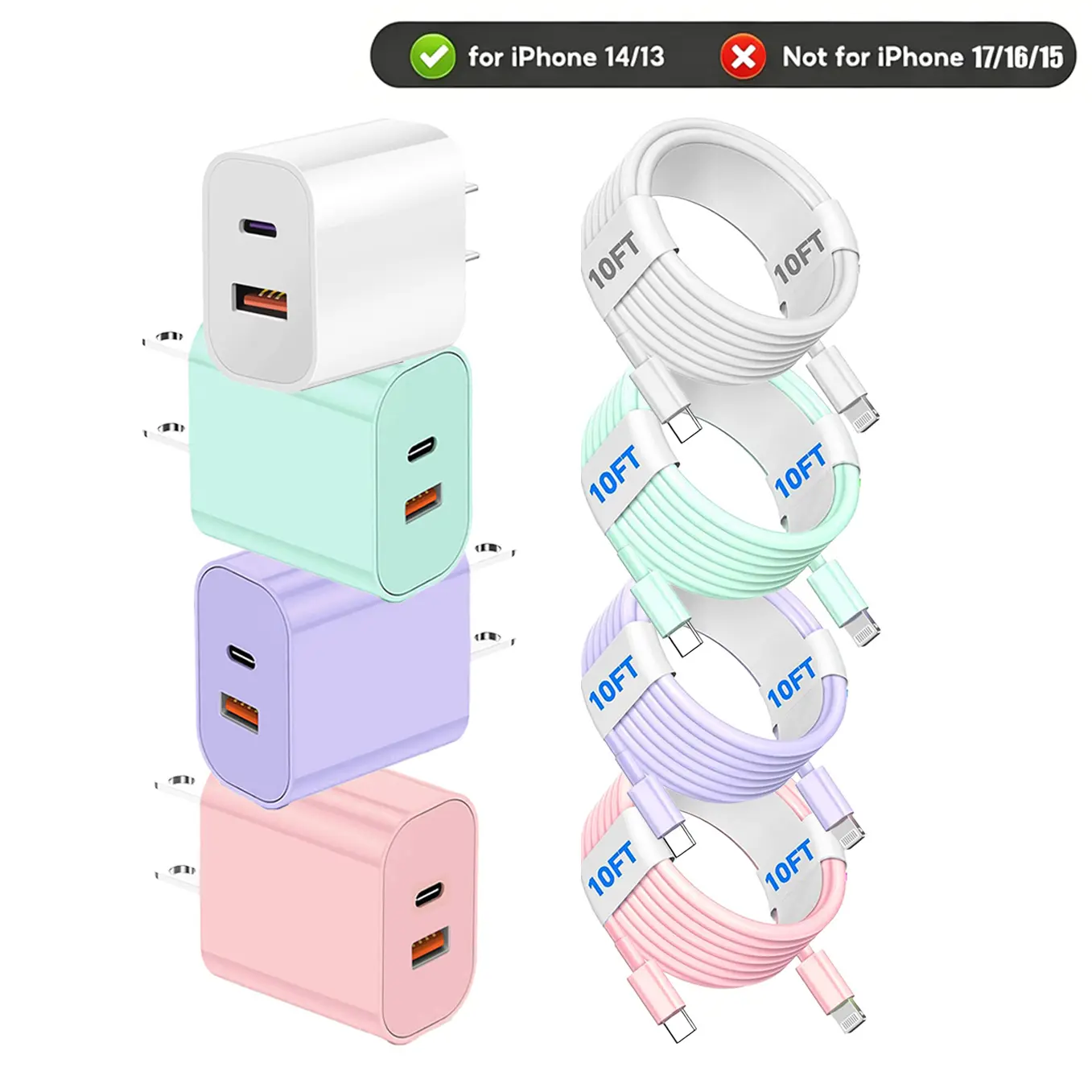[iPhone 14 Charger Set] 1/2/3/4 Piece Pack 20W + 18W Fast Charger Set (Includes 3m USBC-Lightning Cable) - Compatible for iPhone 14/13/12/11/Pro/Pro Max, Older Colored iPhone Chargers kit