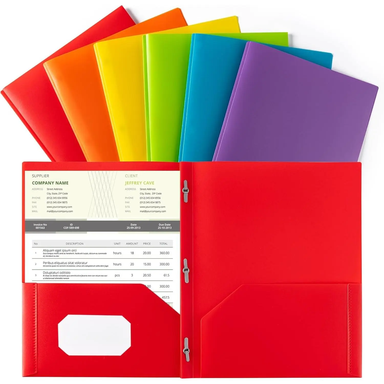 Folders with Pockets and Prong with Fasteners (6 Pack, Assorted Colors),Durable Plastic Pocket Folders with Prongs, Resistant,2 Pocket 3 Prong Folders for Schoolwork & Office,Letter Size