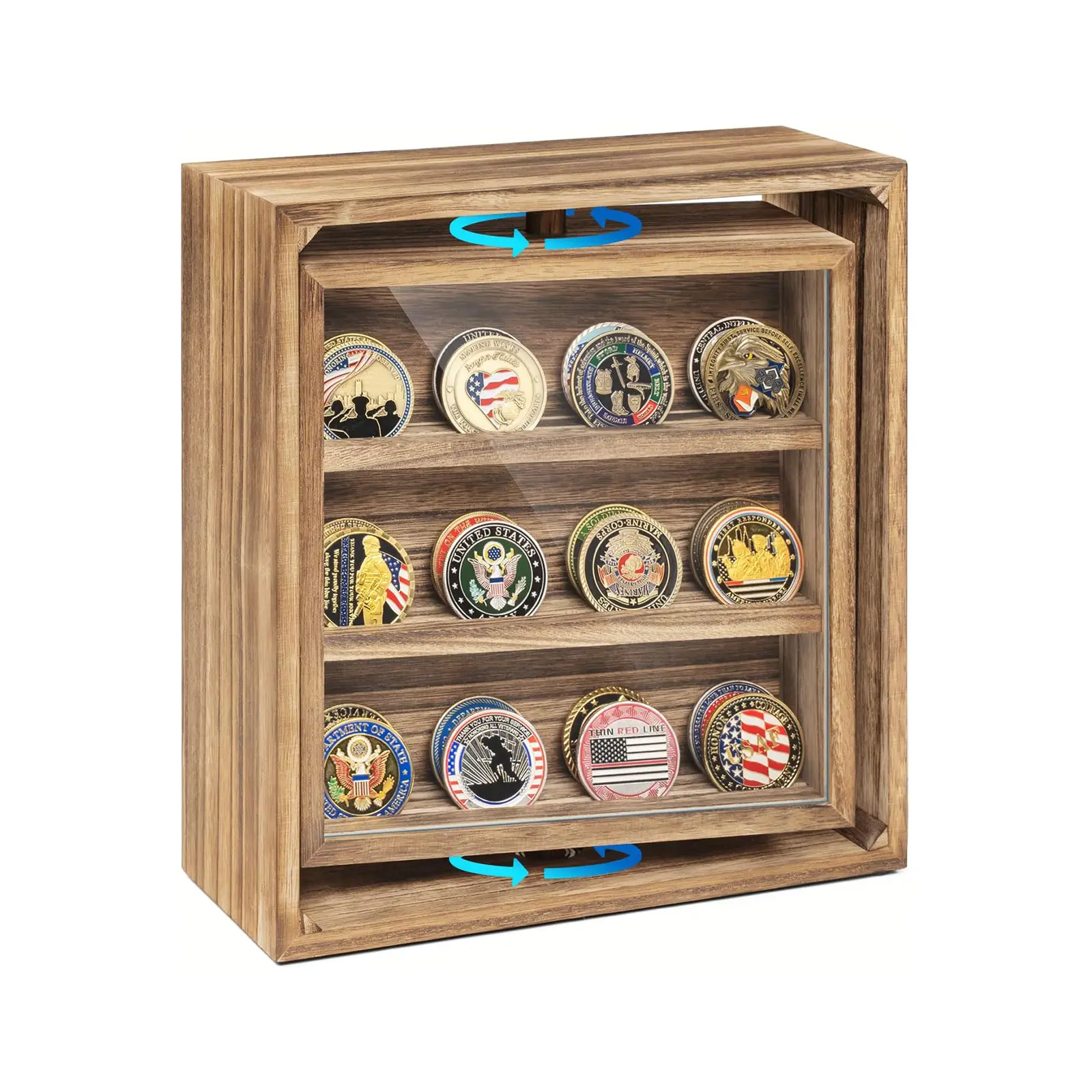 Emfogo Rotating Challenge Coin Display Stand, Wooden Double-Sided Military Coin Holder with Clear Acrylic Doors, Holds 33 Coins, Rustic Brown Desktop Display Case for Veterans & Collectors