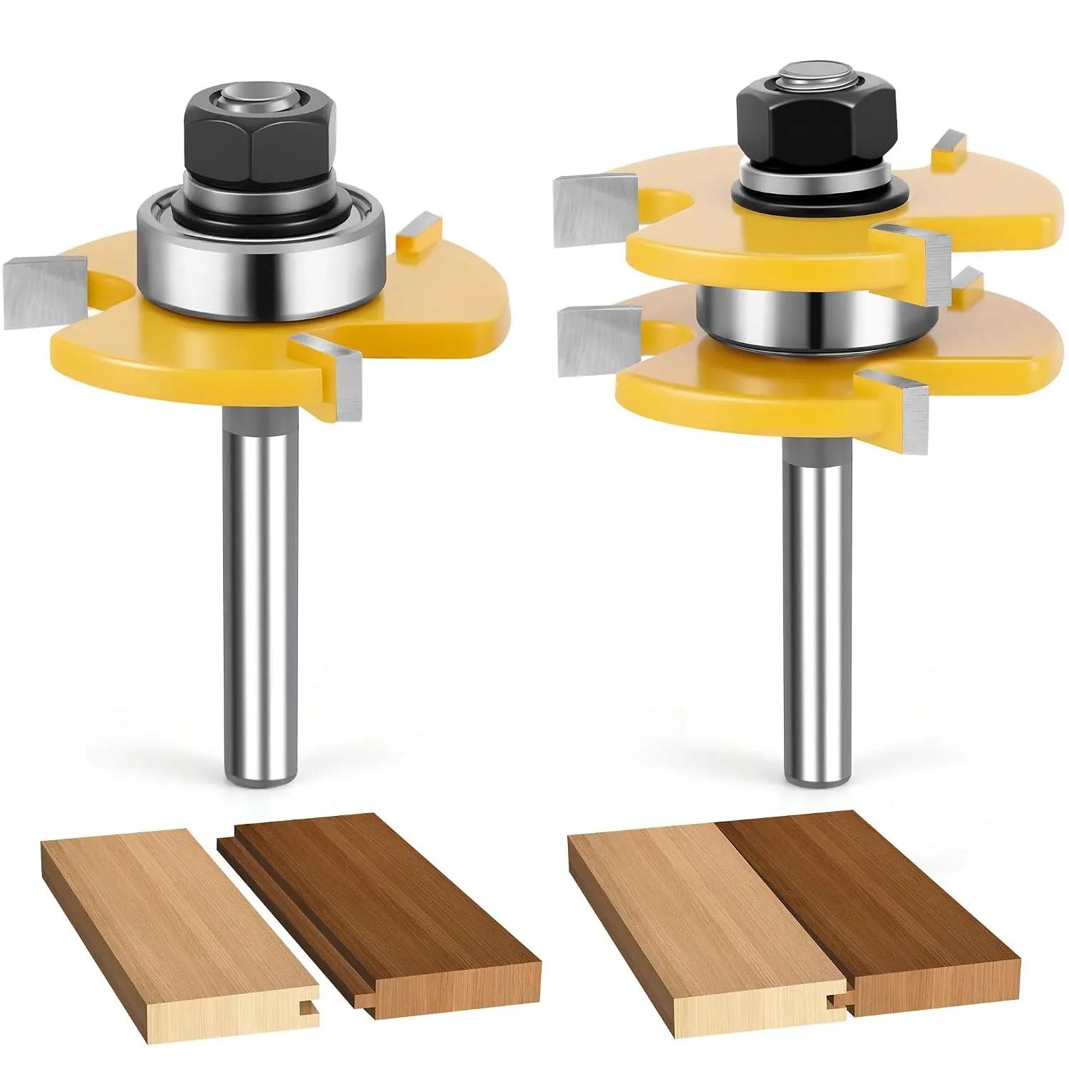 2PCS Tongue and Groove Router Bit Set, 3rd Gen. 1/4 Shank Router Bits for 3/4" Stock, 1/2" Cutting Depth, Adjustable 3 Teeth Shaker Cabinet Door Router Bits for Woodworking, Milling, Cutting