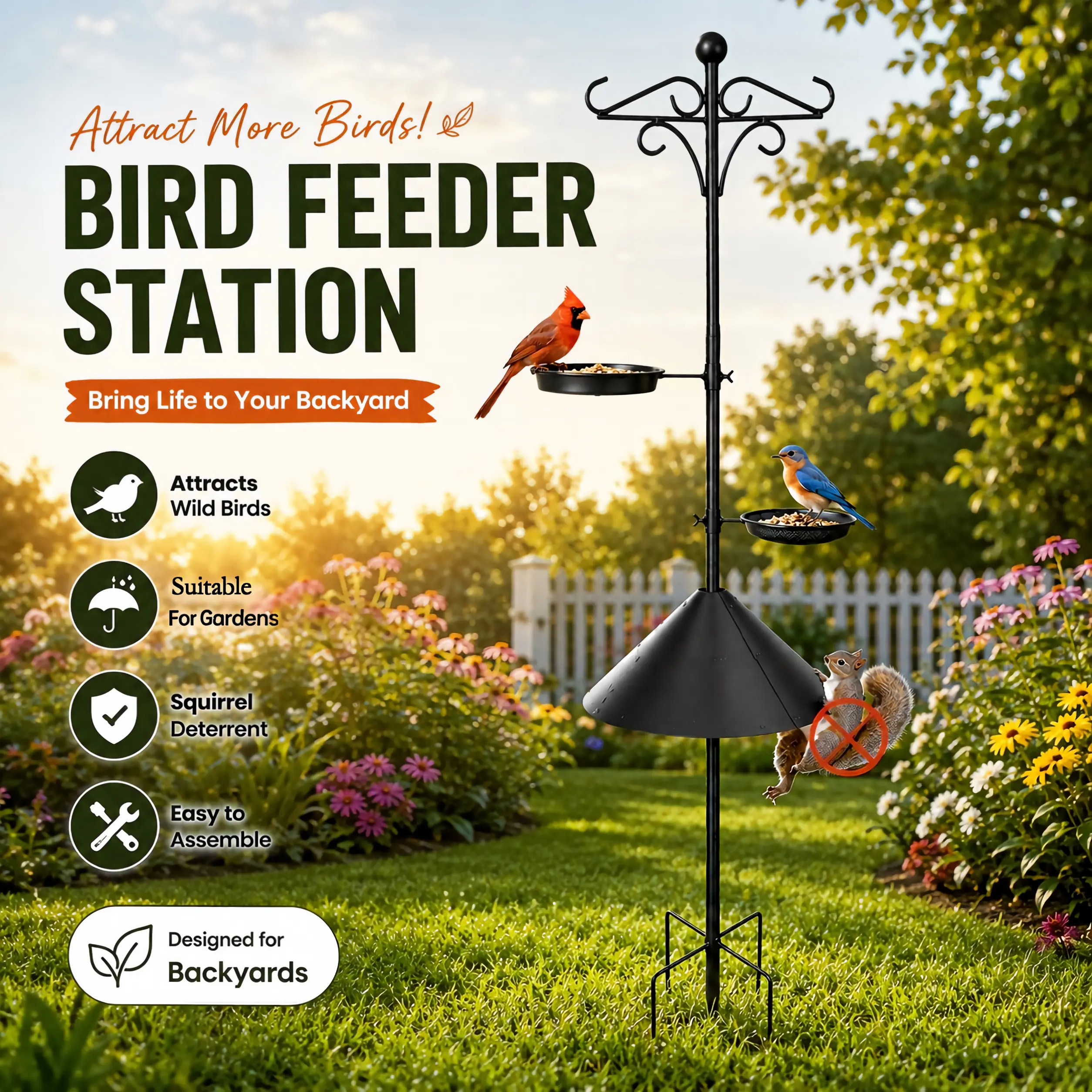 Heavy-Duty Pole-Mounted Bird Feeding Station (77.17in), Outdoor Backyard Garden Decor with Squirrel Guard Plate, 4 Hooks, 2 Bowls (Feeding, Drinking) – Ideal Gift for Birdwatching Enthusiasts