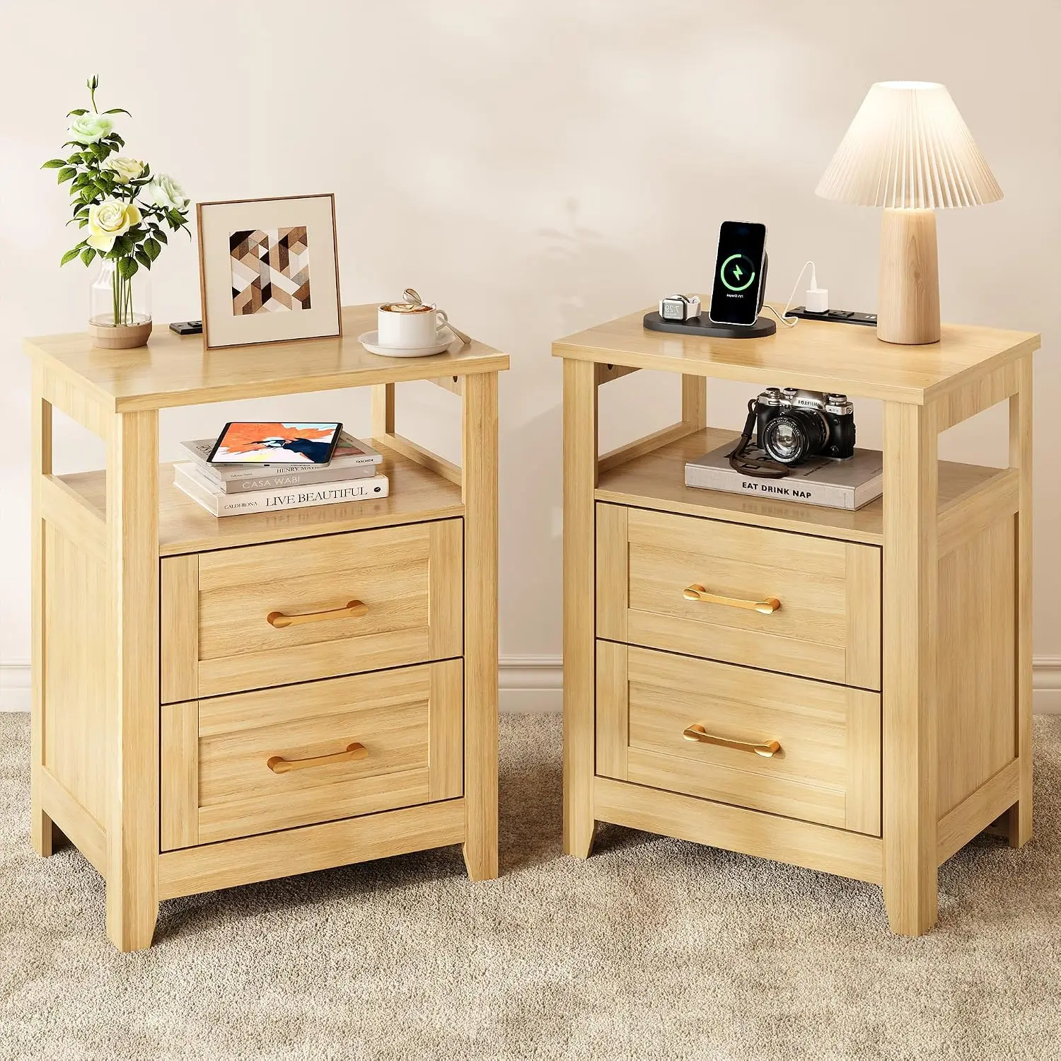 Decofy Rustic Oak Farmhouse 2-Drawer Nightstand Set of 2 with Charging Station, Open Shelves, AC Outlets, USB & Type-C Ports, Indoor Storage Bedside Cabinets for Small Items, Charging Ports