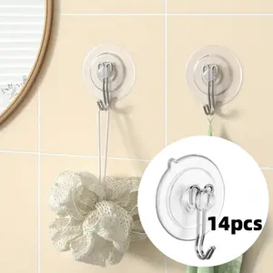 14pcs, Transparent PVC Suction Cup with Metal Hook, Removable Suction Cup Hook, Bathroom Shower Walls, Windows, Glass Doors And Other Hanging A Variety Of Small Ornaments, Utility Hooks