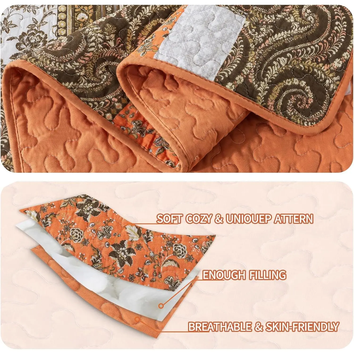 Cotton King Size for Farmhouse- Fall Patchwork Bedspread Set --Woven Soft Reversible King Size Bed Spread for All (Floral Orange) 3 Pieces Cotton King Size for Farmhouse- Fall Patchwork Bedspread Set --Woven Soft Reversible King Size Bed Spread for All (Floral Orange) 3 Pieces