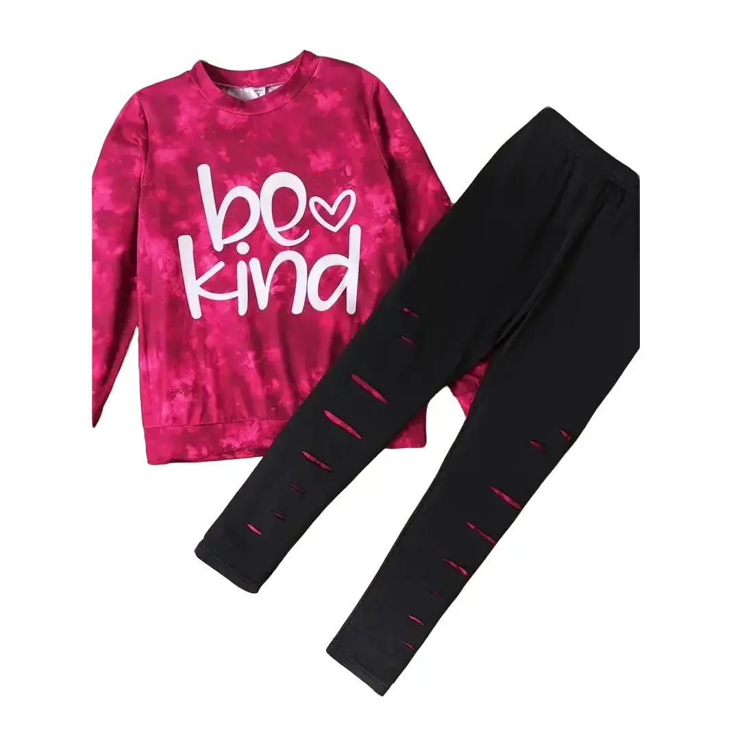 Girl's Be Kind Printed Ripped Design Elastic Waist Pink Pant Set