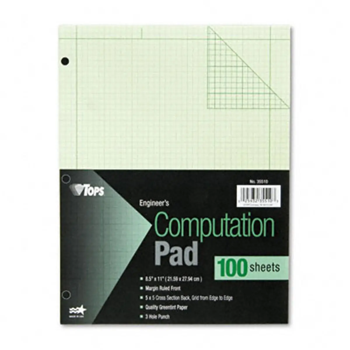 212 MAIN Engineering Computation Pad, 11"x8.5" Letter Size Green, 5x5 Ruled Squares Quad Rule Grid, 100 Sheets, Gummed Binding, 30 pt Chipboard Back, Squares on Both Sides
