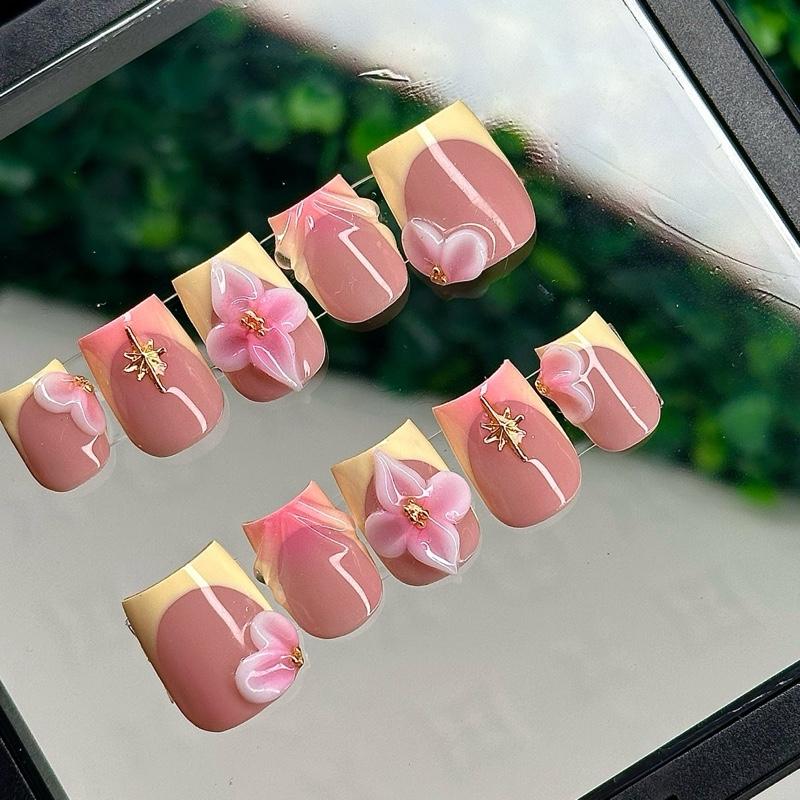 ACRYLIC Yellow Pink Gold 3D Flower Ombré Spring Summer High Quality Handmade Press On Nails Short Medium Long Square Almond Coffin Stiletto