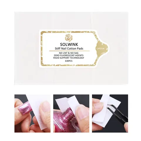 SOLWINK Stiff Nail Cotton Pads - 630pcs Lint-Free, No Sag, 0 Fluorescent Agents - Rigid Support Tech for Nail Polish Manicure, Easy Cleansing with Ease of Use