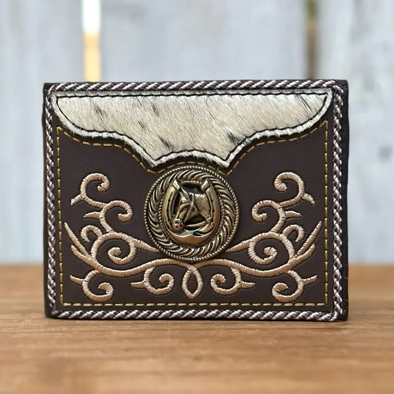 Western Men's Brown Wallet with Metallic Horse and Horseshoe Genuine Cowhide Leather Handmade in Mexico 9" x 3 1/2"