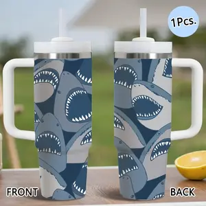 PIKPAKA Shark Pattern Vacuum Flasks 40oz Stainless Steel Tumbler with Handle & Straw, Vacuum Insulated Travel Mug Keeps Drinks Cold Up to 12 Hours, Leak-Resistant Cup for Iced Coffee, Water, Office, Gym or Travel