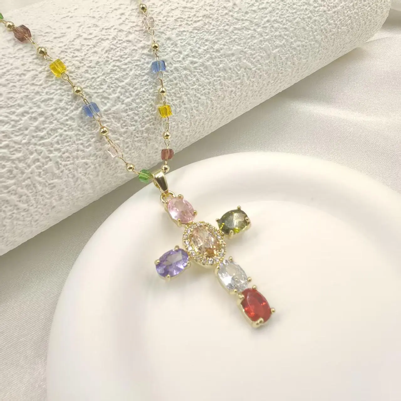 Rainbow Cross Pendant Necklace - Dainty Multicolor Faith Cross Necklace,Vintage Glam & Y2K Vibes for Women Girls,Colorful Sparkle Perfect for Daily Outfits Church & Festivals