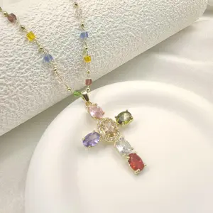 Rainbow Cross Pendant Necklace - Dainty Multicolor Faith Cross Necklace,Vintage Glam & Y2K Vibes for Women Girls,Colorful Sparkle Perfect for Daily Outfits Church & Festivals