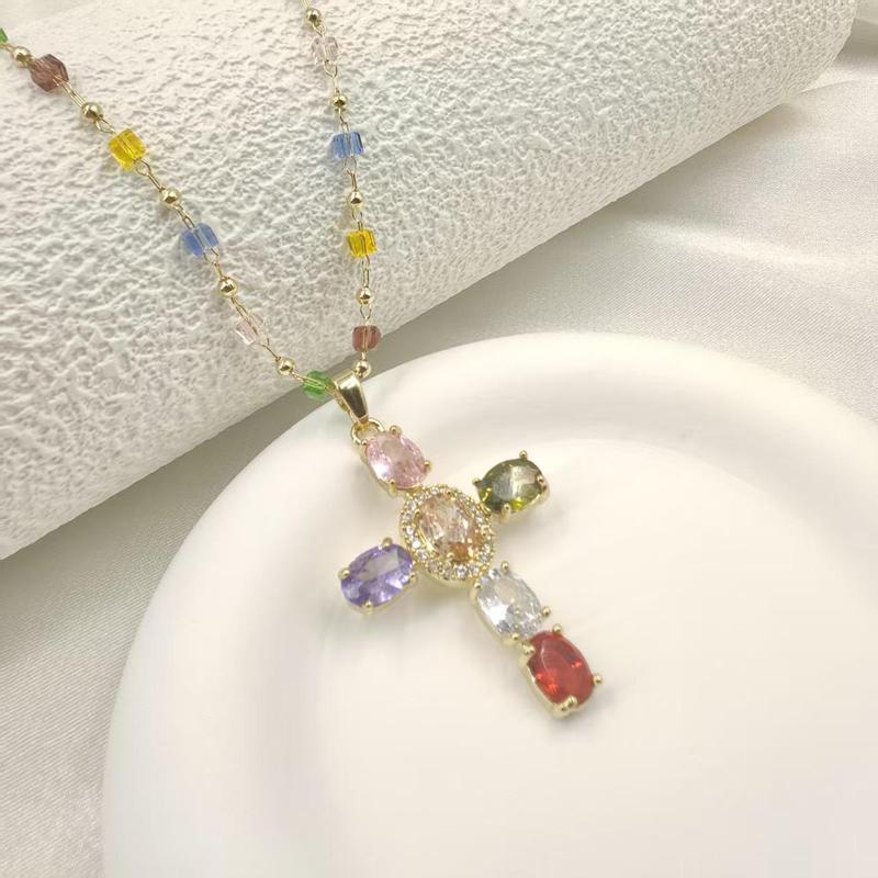 Rainbow Cross Pendant Necklace for Women Girls Dainty Multicolor, Faith Charm, Vintage Glam Y2K Sparkle for Everyday Outfits & Festivals