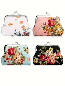 4PCS Women's Ditsy Floral Pattern Canvas Coin Purse Set, Retro Kiss Lock Design, Wholesale Ladies Wallets, All-Season Accessory, Flower Pattern Wallet