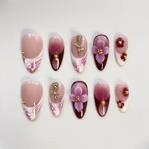 S232 Elegant Floral Press-On Nails, 3D Purple Flower & Gold Leaf Accents, Nude Wine Pink Gradient, Handmade Romantic Nail Art Gift for Her, Handmade Nail Art, Gift For Her, Holiday Nails