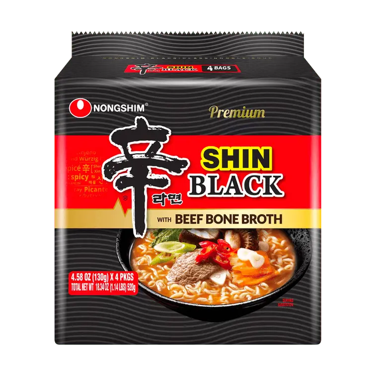NONGSHIM Shin Ramyun Black Garlic Spicy Flavor Instant Beef Noodles, 130g x 4 Pack, Pantry Food, Garlic Spicy Flavor Instant Noodles