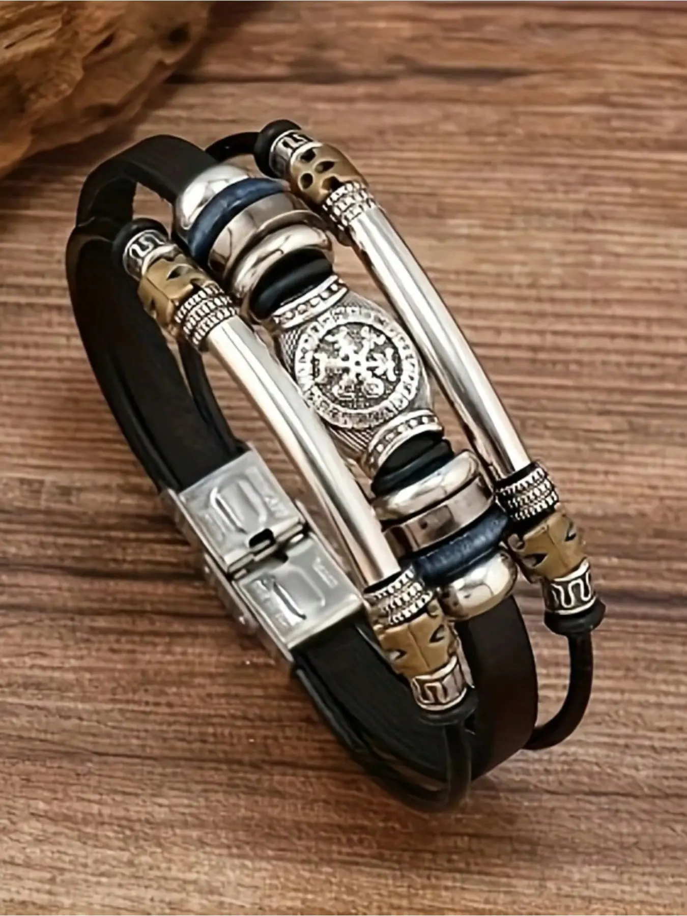 Viking Style Faux Leather Bracelet Wristband, Creative Men's Casual Jewelry, Daily Vacation Gift for Friend or Couple