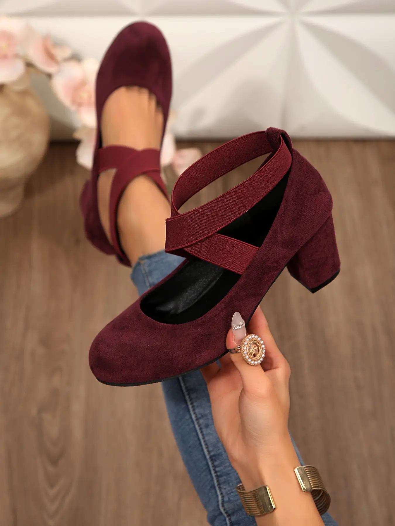 Women's Shoes - Office Siren Black Suede Classic High Chunky Heel Pumps with Elastic Cross Straps