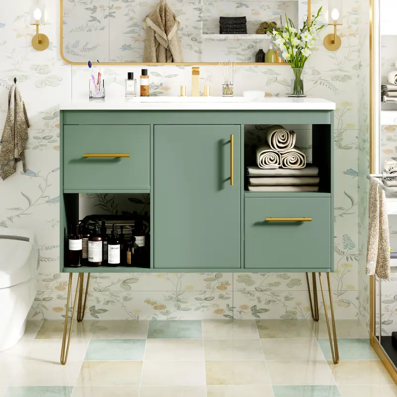 [SOIYELIFE] 36'' Bathroom Vanity with Resin Sink Combo Set, Modern Freestanding Single Bathroom Cabinet with 2 Drawers & 2 Storage Compartments, Storage Cabinet for Bathroom, Solid Wood Frame Vanity Set, Green Unique furniture Small Modular Cabinet