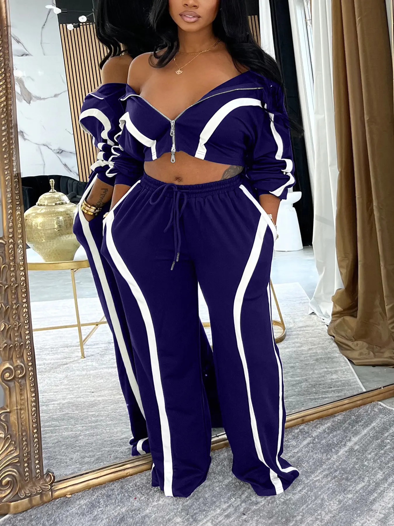 Women's M3092 Long Sleeve Colorblock Fitted Sweater Top Set, Clothes, Casual Everyday Fall & Winter, Fashionable Two-Piece Athletic Sporty Style